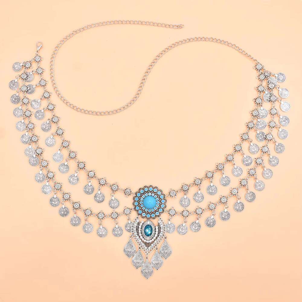 New Bohemian Coin Tassels Faux Turquoise Waist Chain for Women Retro Ethnic Style Alloy Dance Waistband Jewelry