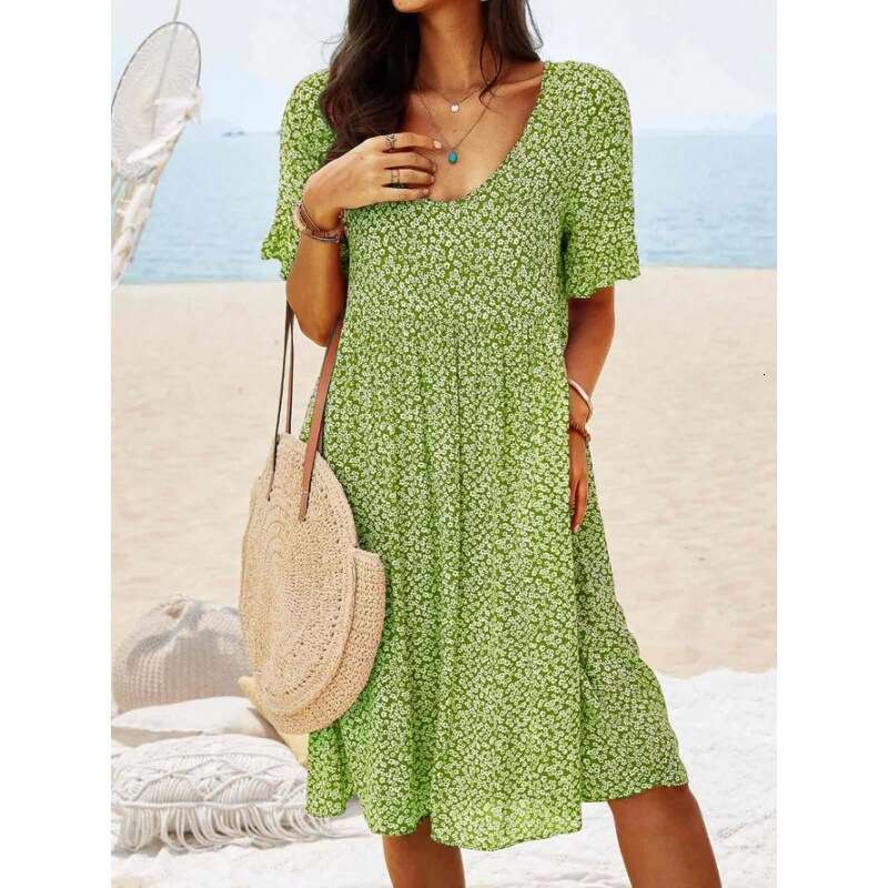 European American pullover print medium long, urban casual retro women's short sleeved dress 2024 new style chic and elegant clothing