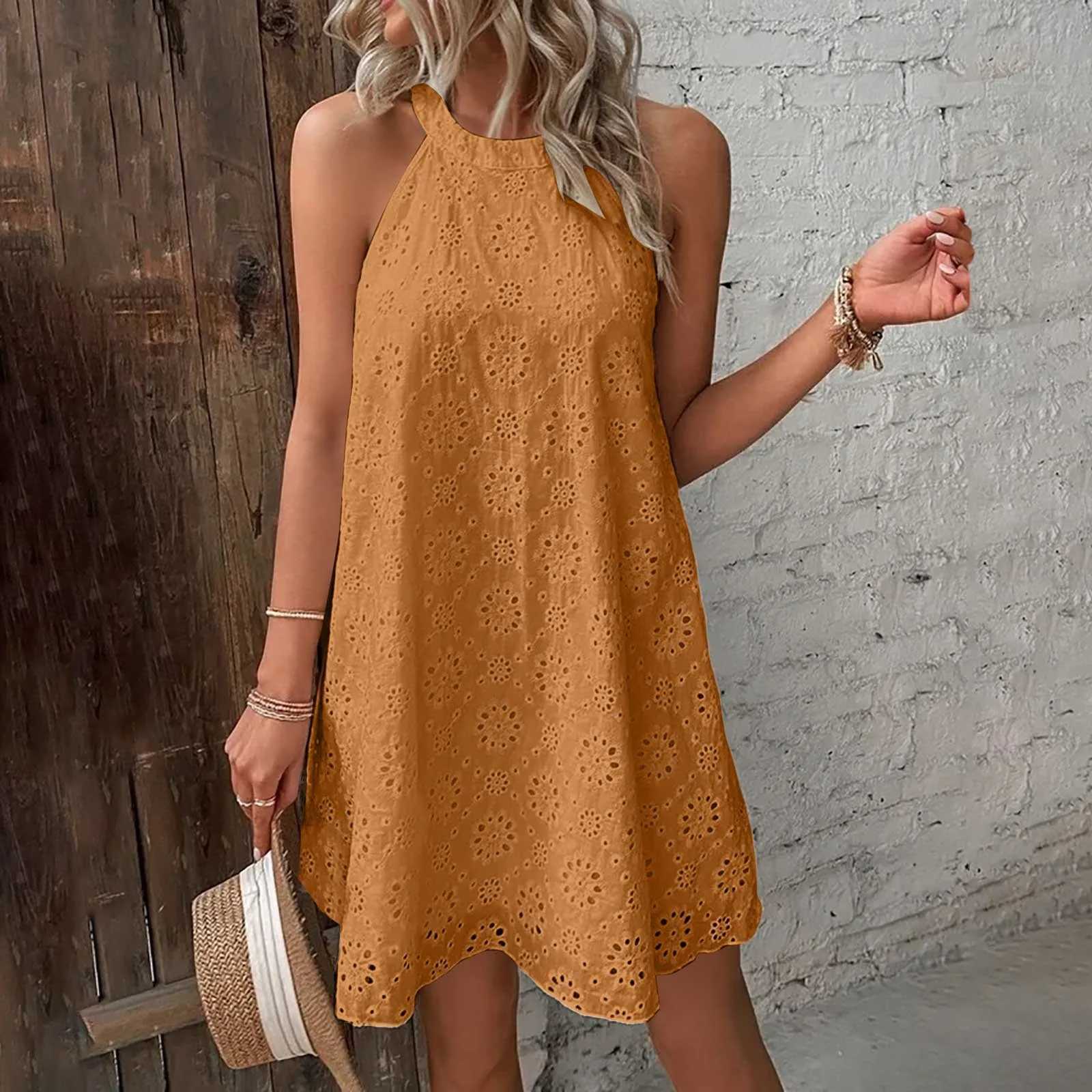 Womens Summer Vacation Dresses Hollow Lace Halter Solid Color Backless Short Dresses Casual Loose Holiday Beach SundressXJ2500207