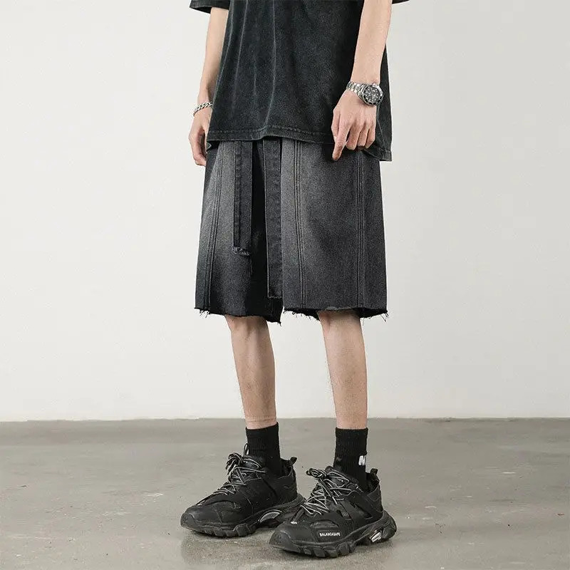 Summer Men Distress Vintage Cargo Denim Shorts Harajuku Streetwear Fashion Straight Baggy Casual Knee Length Short Jeans 250207