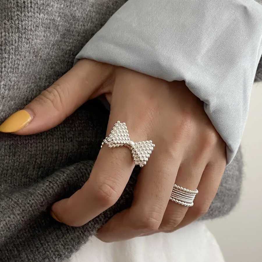 925 Sterling Silver Rings Fashion Hip Hop Vintage Couples Creative Big Bow Design Thai Silver Party Jewelry Birthday Gifts W250207