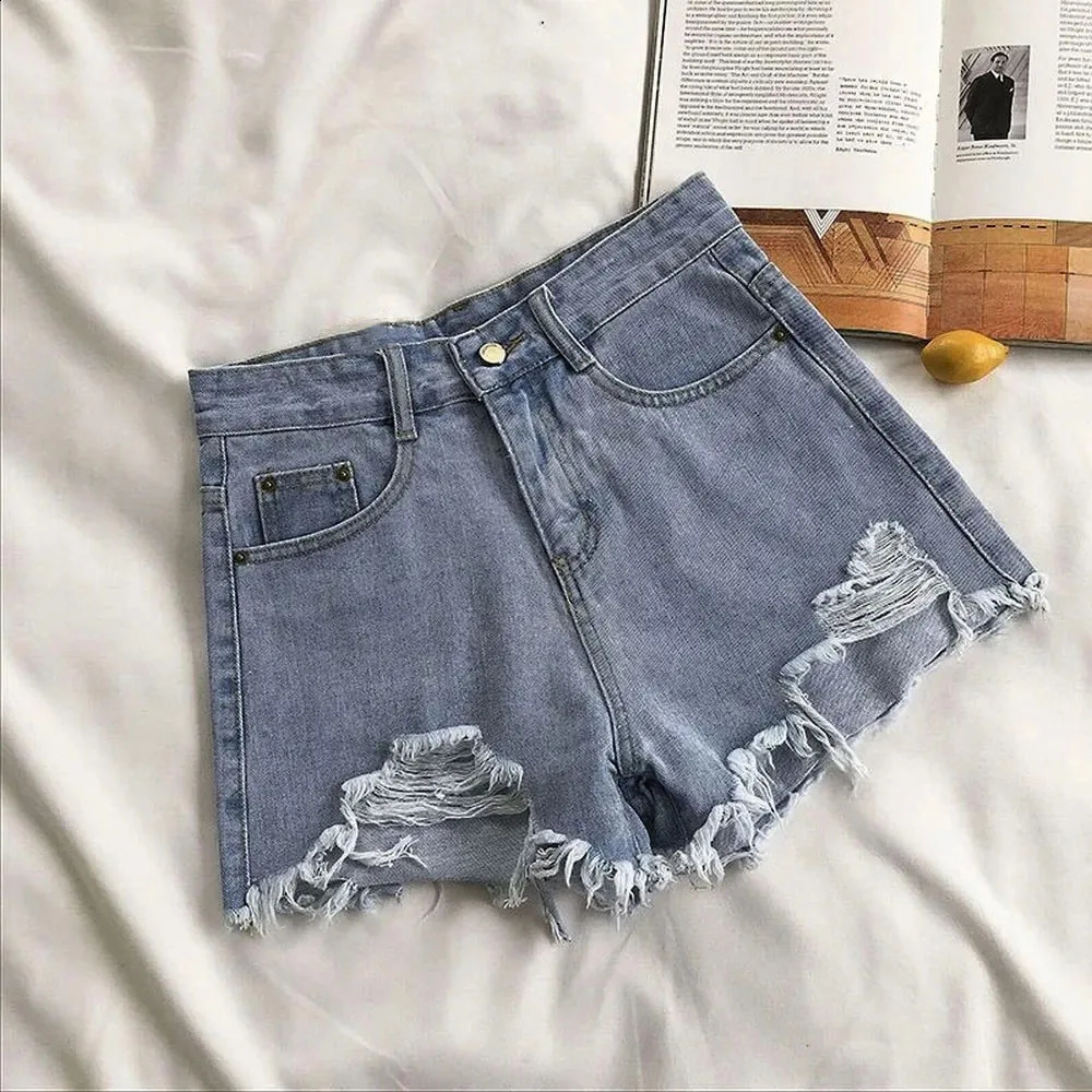 Summer Korean Womens Cow Shorts High Waist Casual Blue Denim Shorts Pocket Tassel Perforated Fashion Shorts Y2K Female Jeans 250207