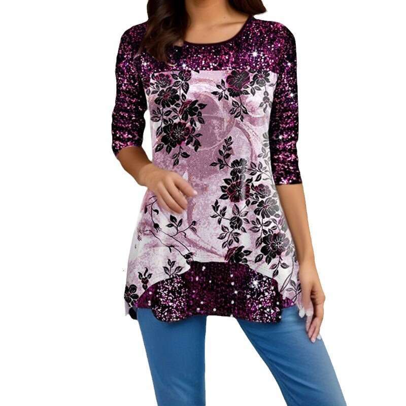 New European American popular women's tops for autumn winter, fashionable printed round neck T-shirt, 2024 new style, chic and elegant clothing