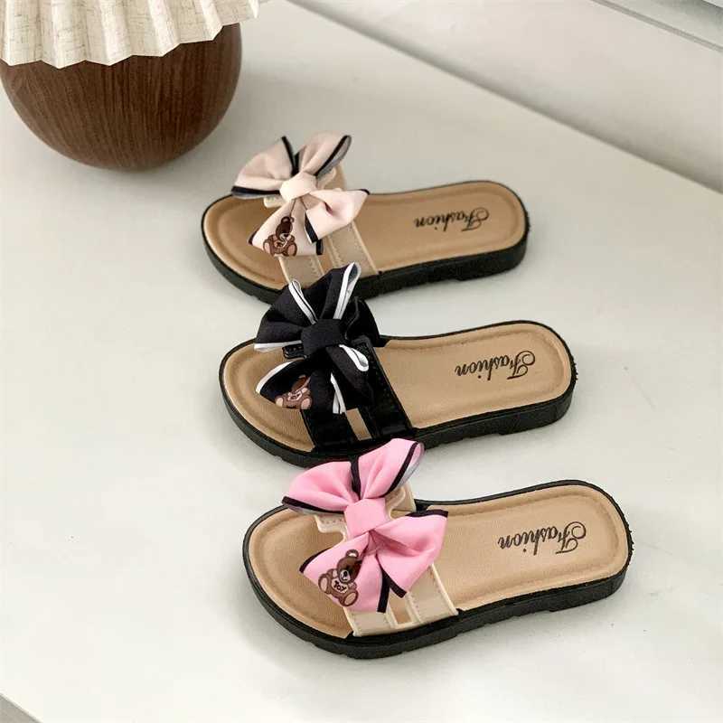 Summer Bear Bow Girls Slippers Indoor Outdoor Home Childrens Slippers Soft Bottom Comfortable Cute Kids Flip-flops Beach ShoesXJ250207