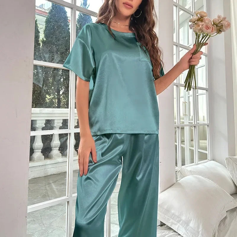 Womens Satin Pajamas Set Autumn Short Sleeve Top Long Pants Sleepwear 2 Piece Set For Women Casual Home Loose Pajamas Set 250207