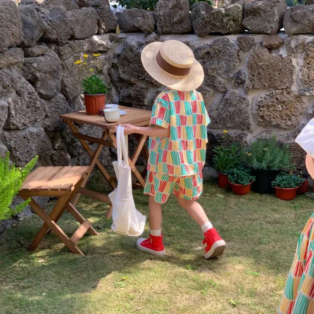 Summer Boy Clothes Set Girl dress Korean Style Contrast Stripe Shorts Set Sleeveless Skirt family matching outfits Sibling look W250207