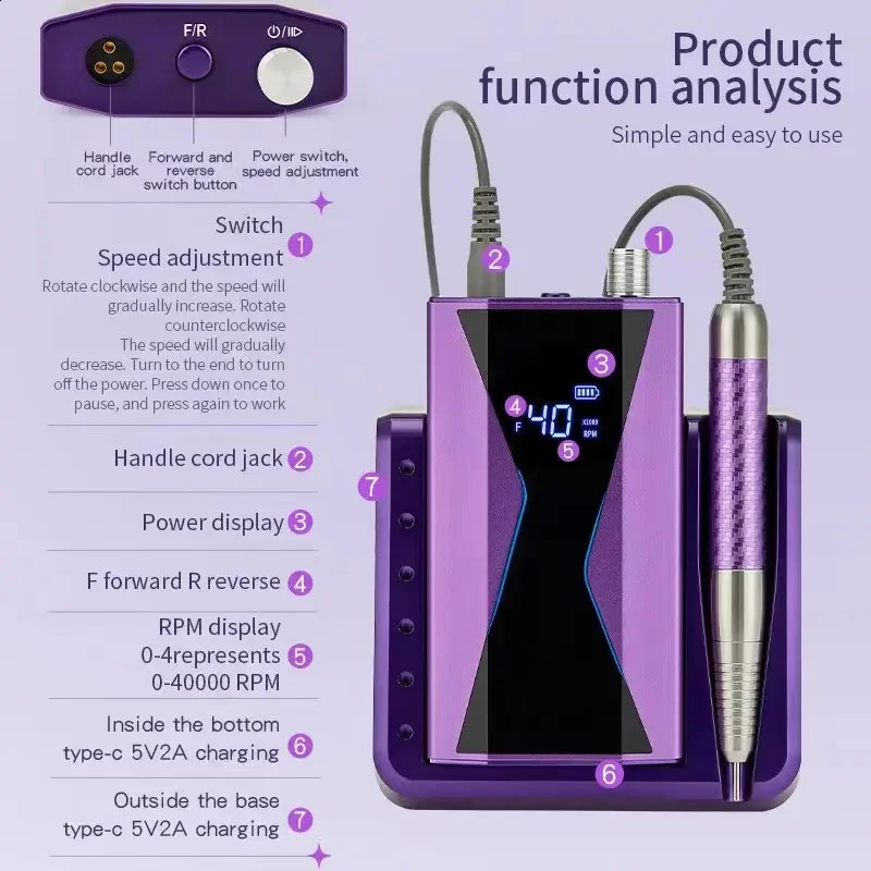 Brushless 40000RPM Electric Nail Drill Machine 85W Handle Manicure Portable Polishing Tool Nail Drill Rechargeable Nail Art 250122