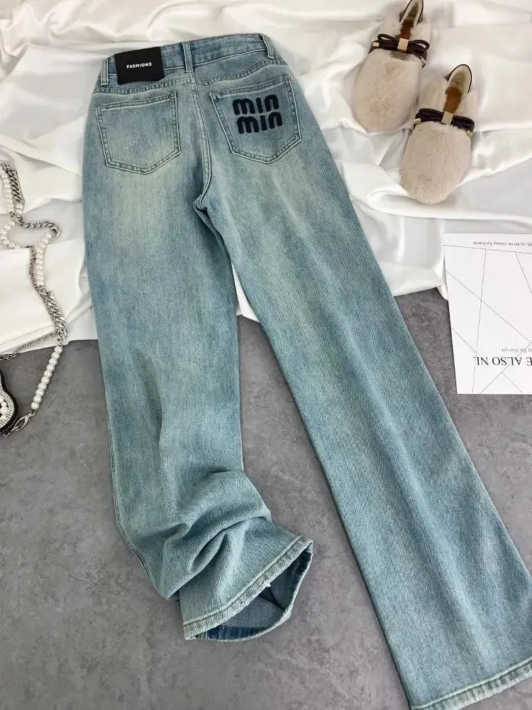 Blue Women Jeans Streetwear Vintage Fashion High Waisted Wide Leg Jean Female Trouser Letter Hip Hop Baggy Denim Pants Z260314
