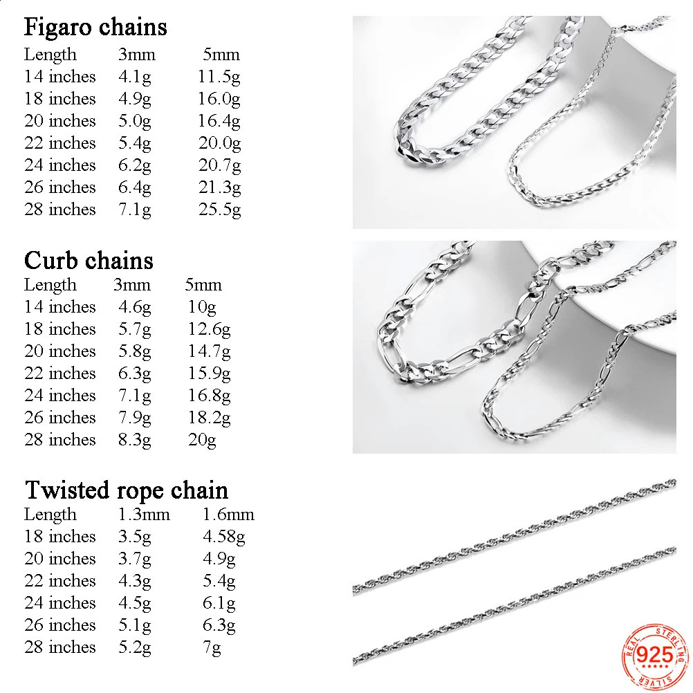 U7 Solid 925 Sterling Silver Chain Necklace for Men Women Twised Rope Italian Figaro Cuban Curb Chains Stackable Unisex Jewelry 250120
