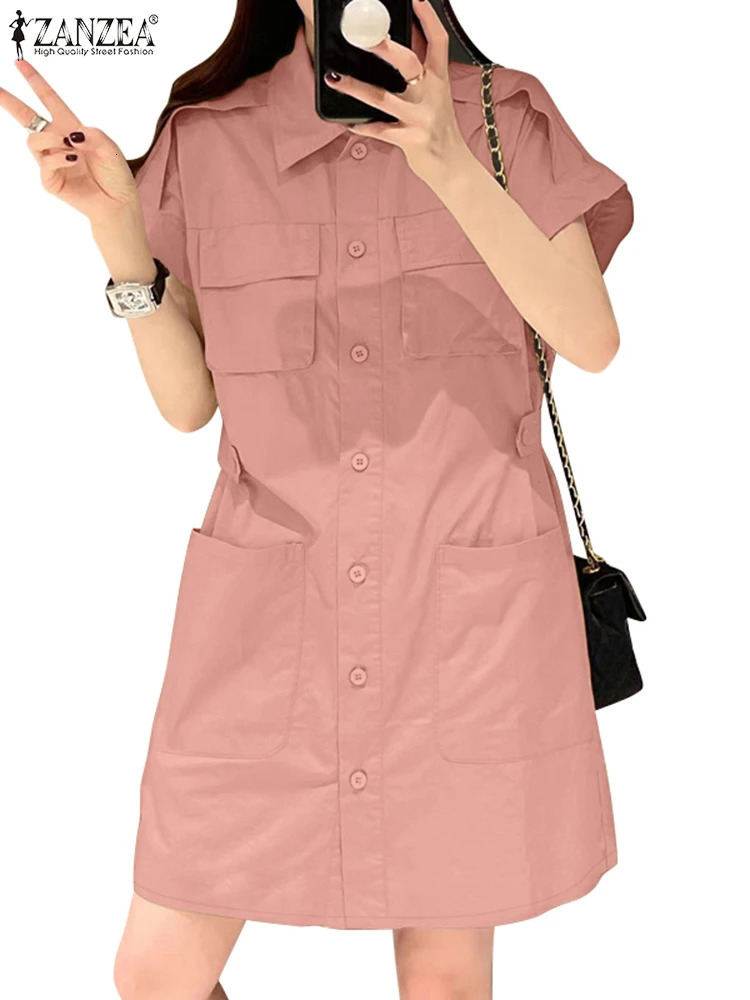 2025 ZANZEA Summer Fashion Collar Short Sleeve Dress Commodity Elegant Solid OL Work Sundress Vestidos 250206
