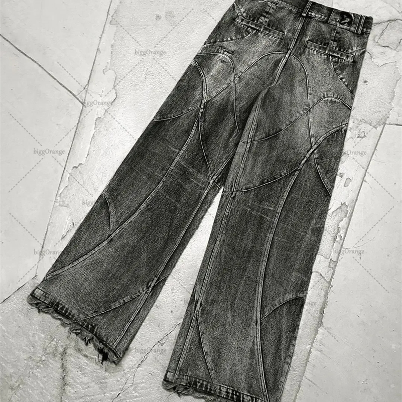 Y2K Destroyed Stitching Jeans Mens Black Washed Jeans Gothic Style Street Trend Clothing Retro Loose Wide Leg Pants Fall Guys 250206