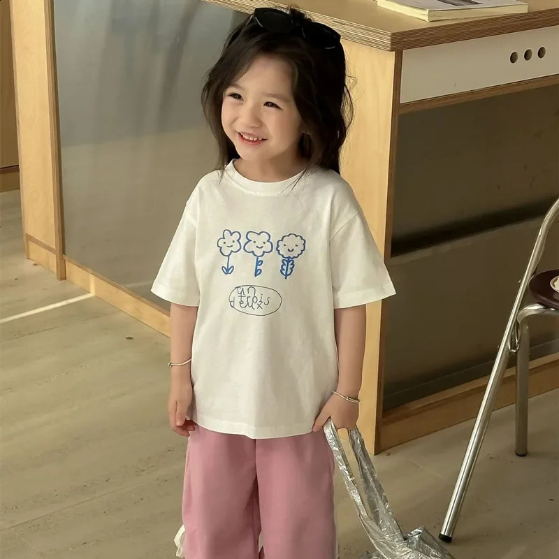 Summer Kids T-shirts cartoon flowers printed short sleeve Girls Tees Little Princess cotton loose Tops 250207