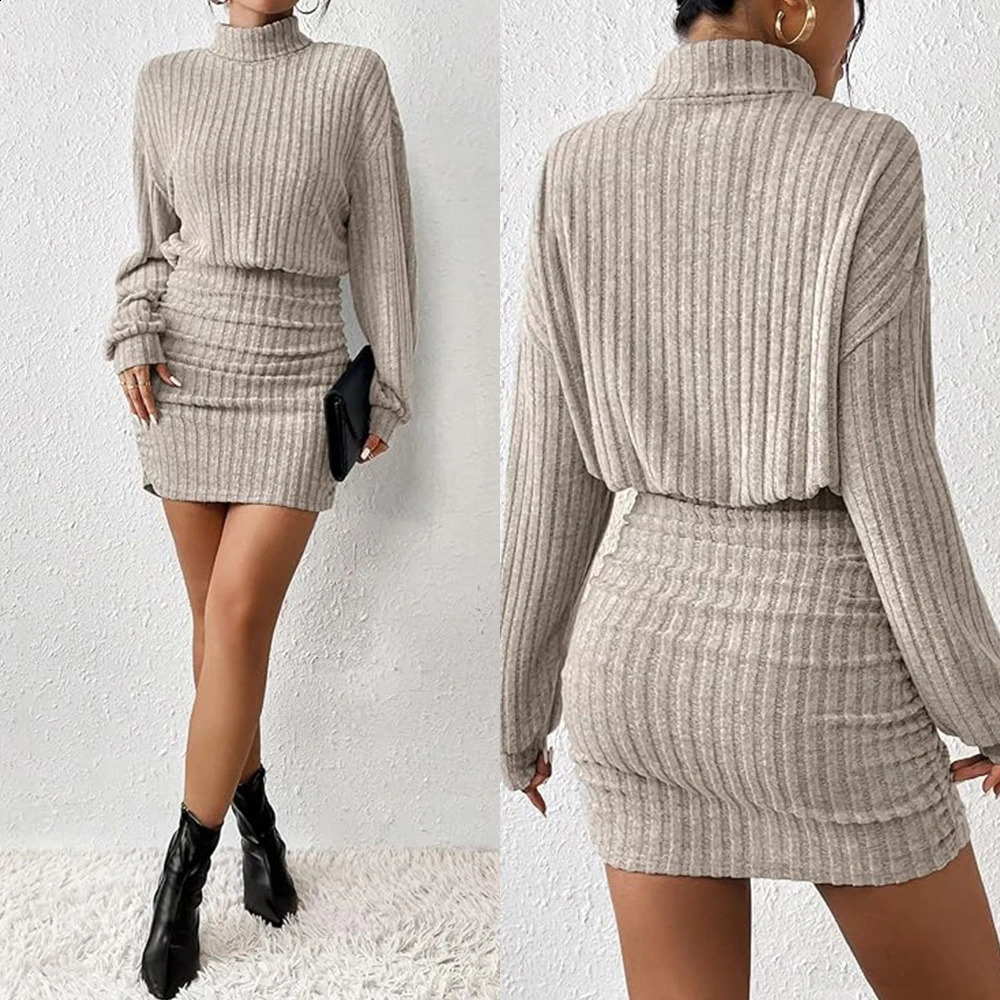Mia Muse Womens Dresses Fall Winter Casual Plain Knitted Pullover Long Lantern Sleeve High Neck Mini A-Line Short Dresses 250206