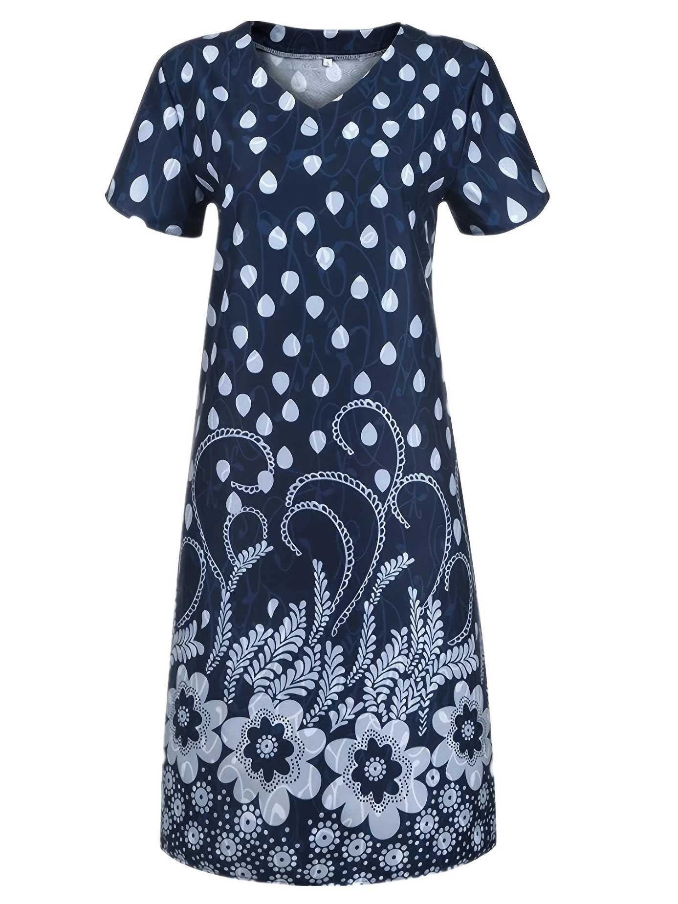Chic Floral Knee-High Tunic Dress-V-Neck Short SveSeason-Proof Easy-Care Womens Summer WearXJ2500207