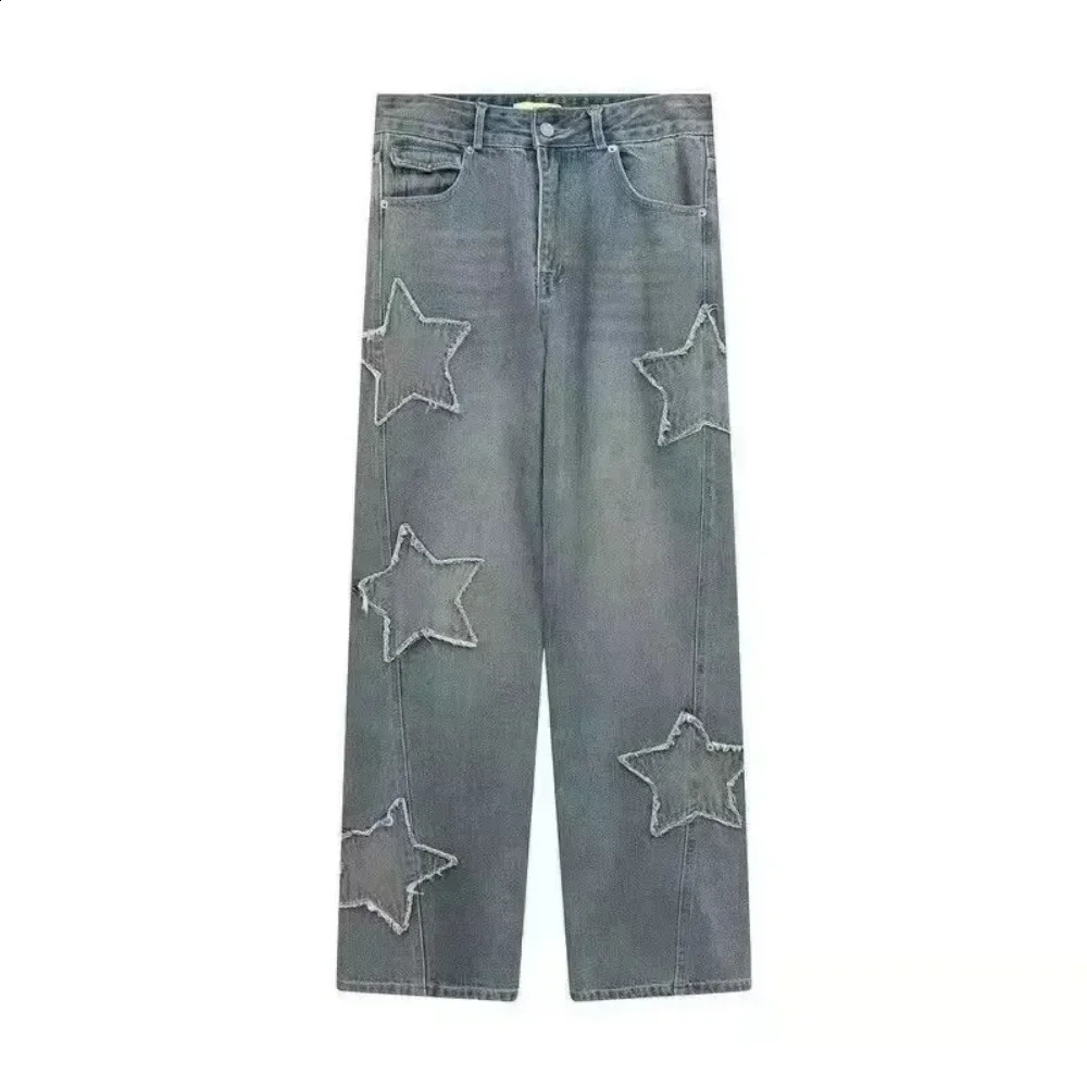 American Retro Star Pattern Blue Denim Trousers for Women Korean Ins Highwaisted Jeans Straight Leg Fashion Washed Female Pants 250206