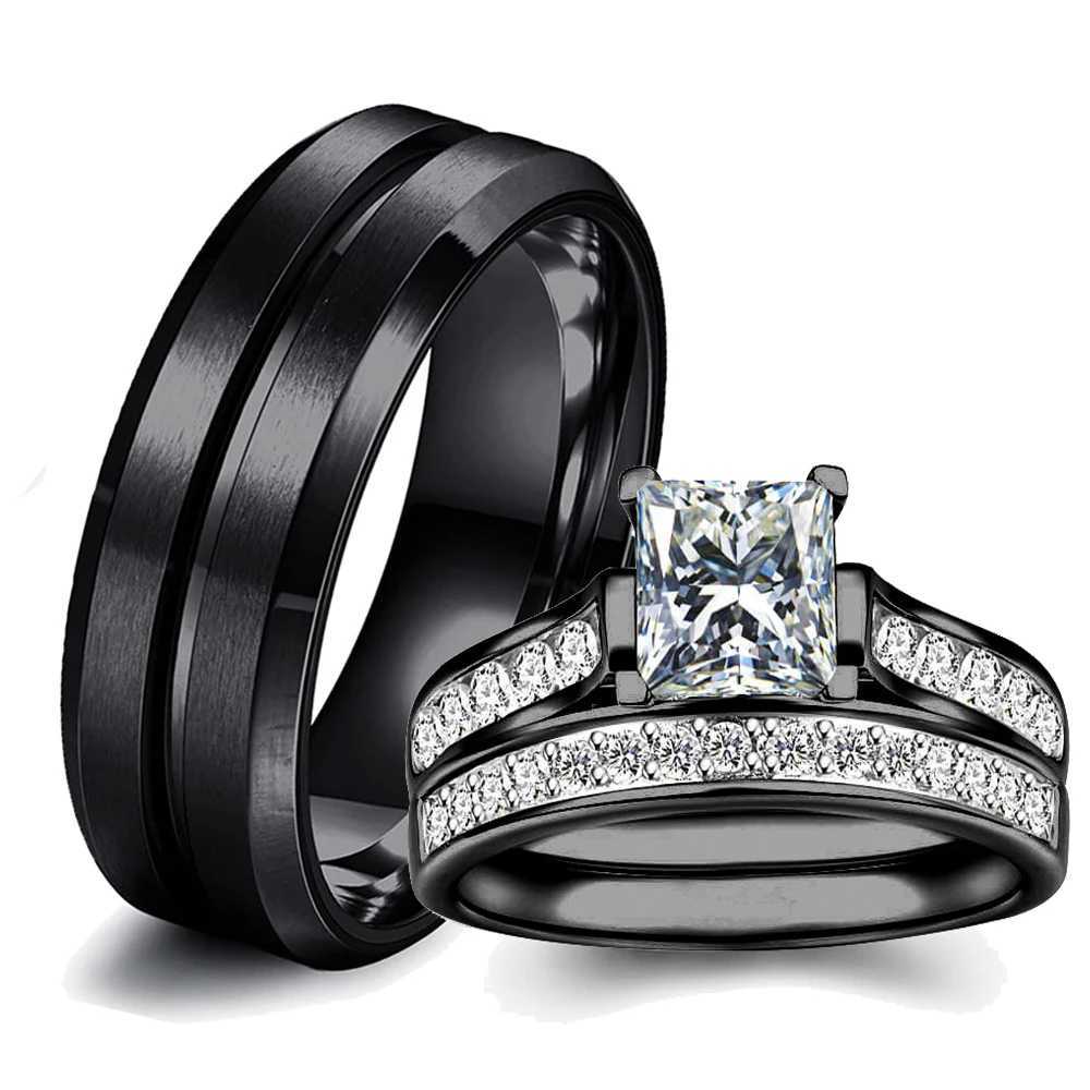 Fashion Couple Rings Romantic White Rhinestones CZ Women Rings Set Simple Mens Stainless Steel Rings For Couple Wedding Jewelry W250207
