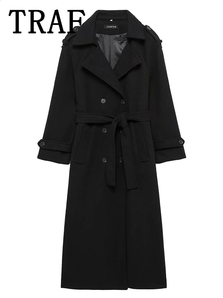 TRAF 2024 Woman Burgundy Winter Coat Womens Jacket Autumn Long Sleeve Belt Outerwear Chic Fashion Woolen 250109