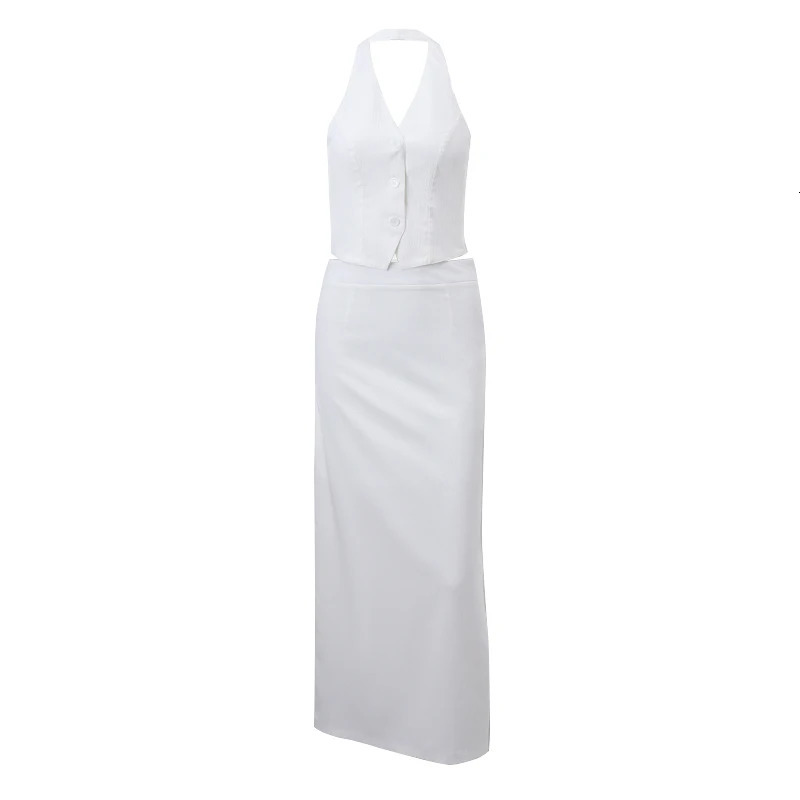 WhereMery Solid Halter Backless Tank Top Button Cardigan Bandage Slim Crop Tops With High-waist Split Skirt Women 2 Piece Set 250206