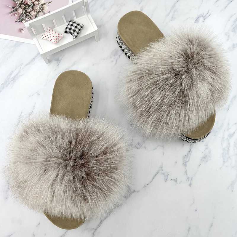 Slides Fur Summer s Platform Sandals Ladies Sandals Outdoor Real Fur Ladies Heels Shoes 2021 New Fluffy Flip Flops SlippersXJ250207
