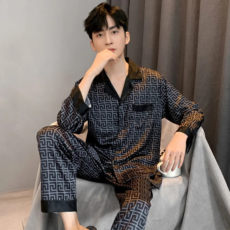 Pajamas Men Spring Summer Thin Ice Silk ious Loose Fitting Home Wear Suit Male Satin Pyjamas Set Night Sleep-Suit Gentlemen 250206