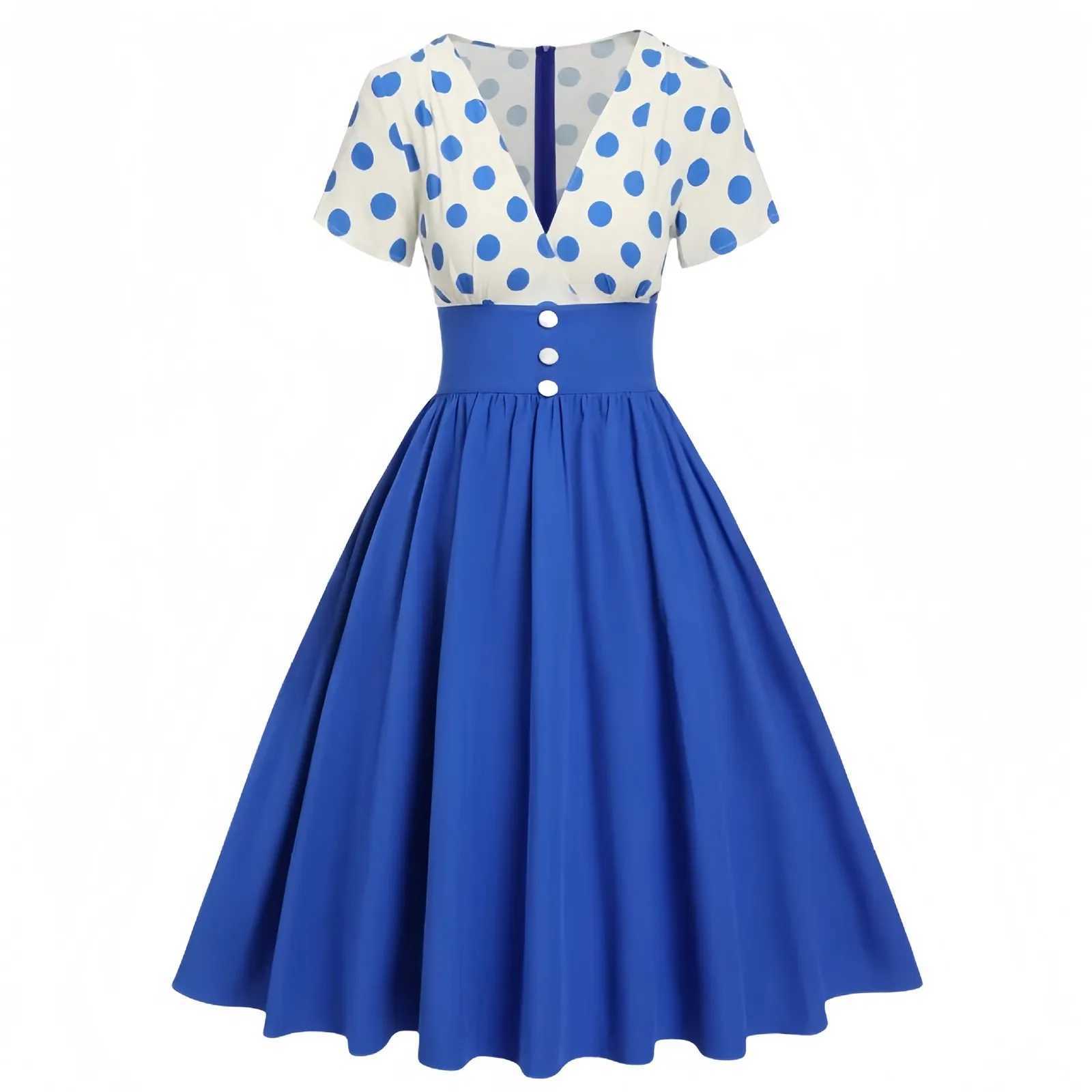 2024 50s Casual Vintage Women Dress Ladies Yellow Black Polka Dot Print Robe Rockabilly Swing Party Dress Patchwork VestidosXJ2500207