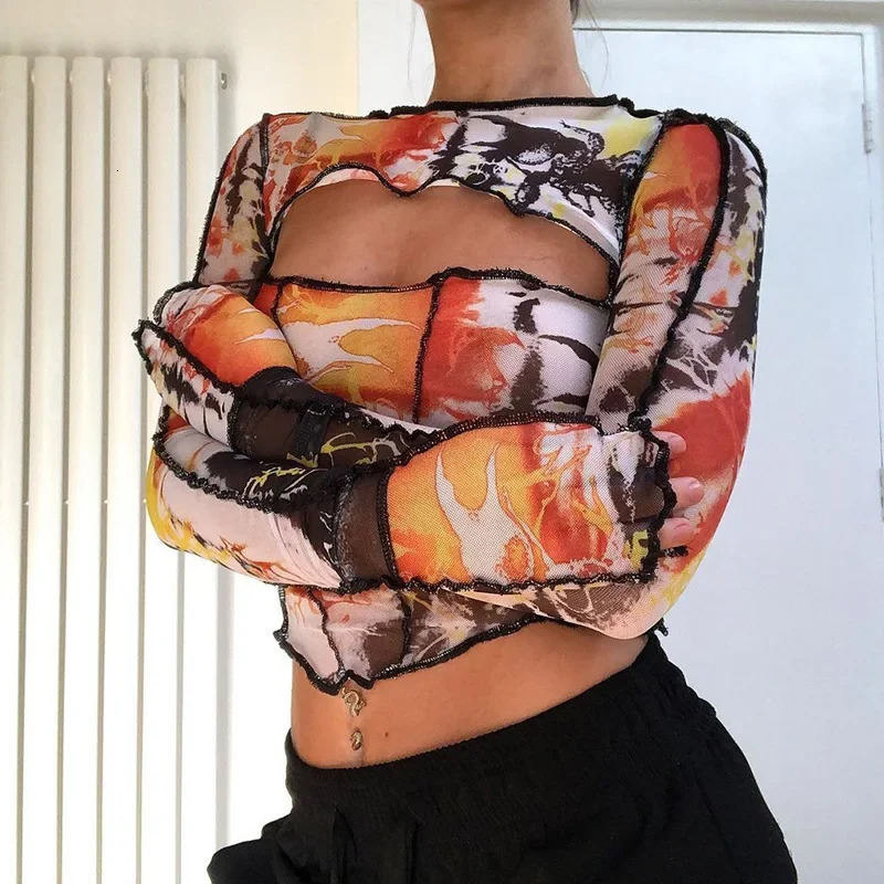 Hollow Out T Shirts Women Mesh Crop Top Vintage Y2k Streetwear 2000s Aesthetic Autumn Print Long Sleeve T-Shirt Sexy Women Tees 250206