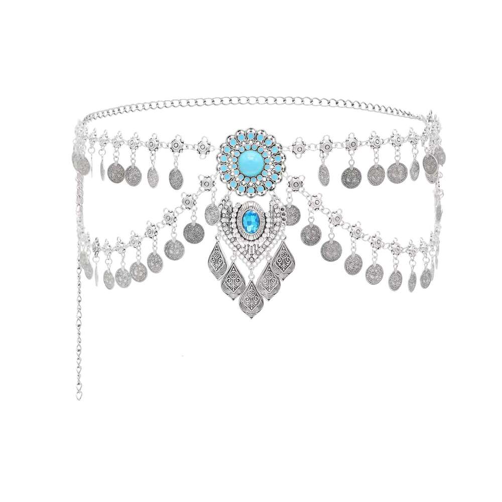 New Bohemian Coin Tassels Faux Turquoise Waist Chain for Women Retro Ethnic Style Alloy Dance Waistband Jewelry