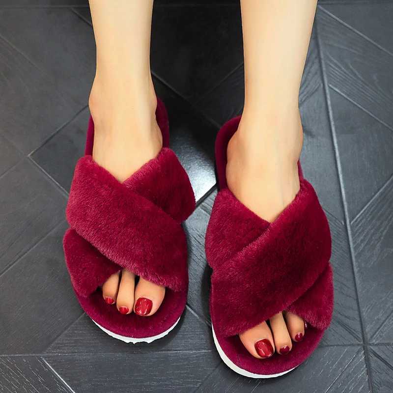 Winter Slipper Women Cross Belt Home Indoor Casual Slippers Female Flip Flops Fluffy Shoes Slides Ladies Soft Warm Plush SlipperXJ250207