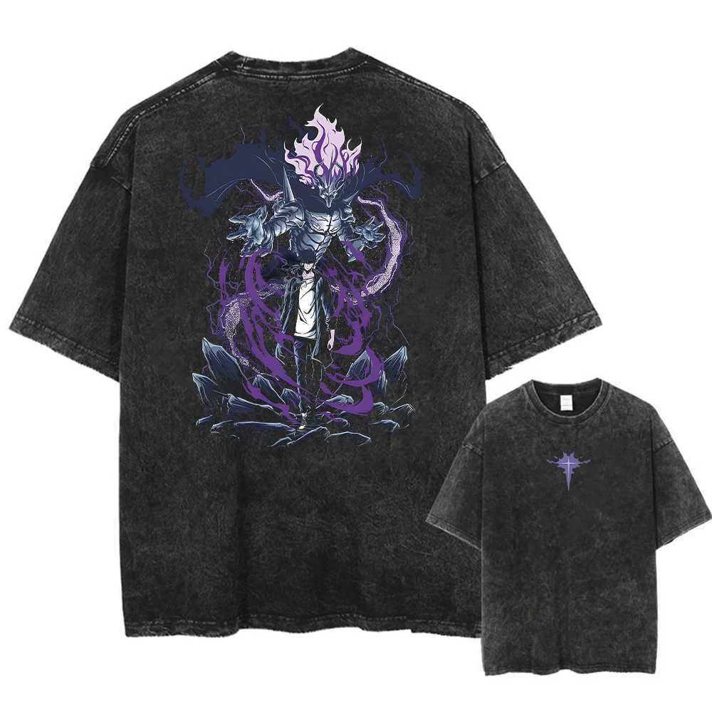 Mens Womens Vintage Washed Cotton T Shirt Streetwear Anime Solo Leveling Graphic Print Tops Harajuku Loose Short Sleeve TeesT250207