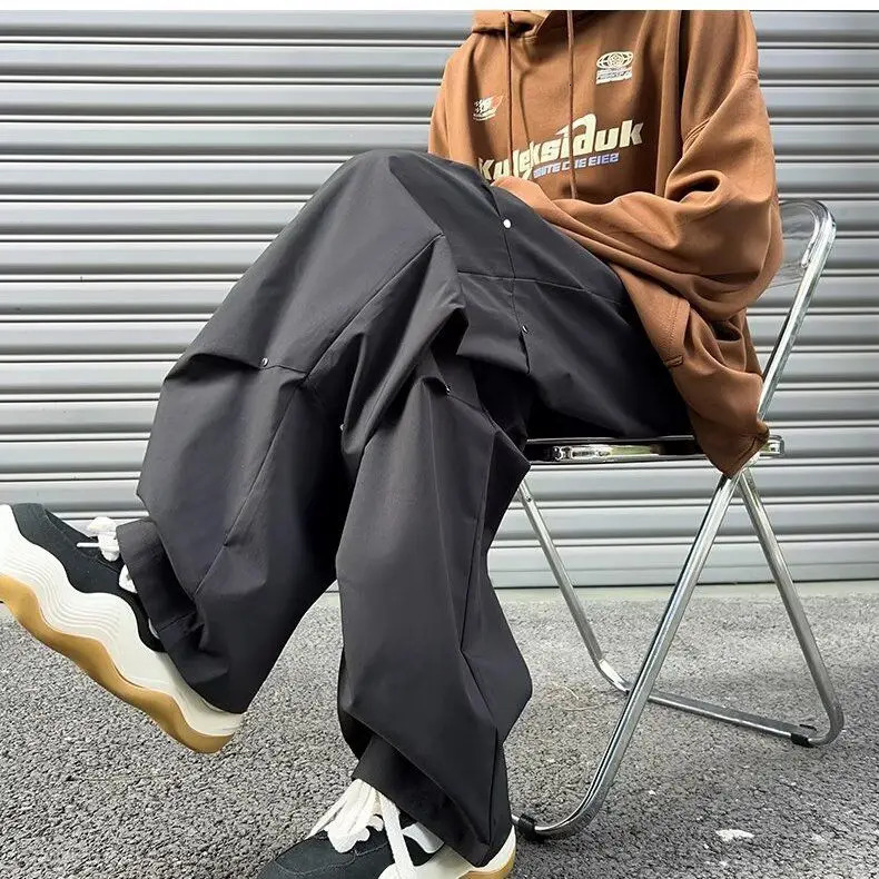 Boyfriend Solid Color Wide Leg Elastic High Waist Pockets Cargo Casual Trousers Mens Clothing Straight Spring Autumn Pants 250206