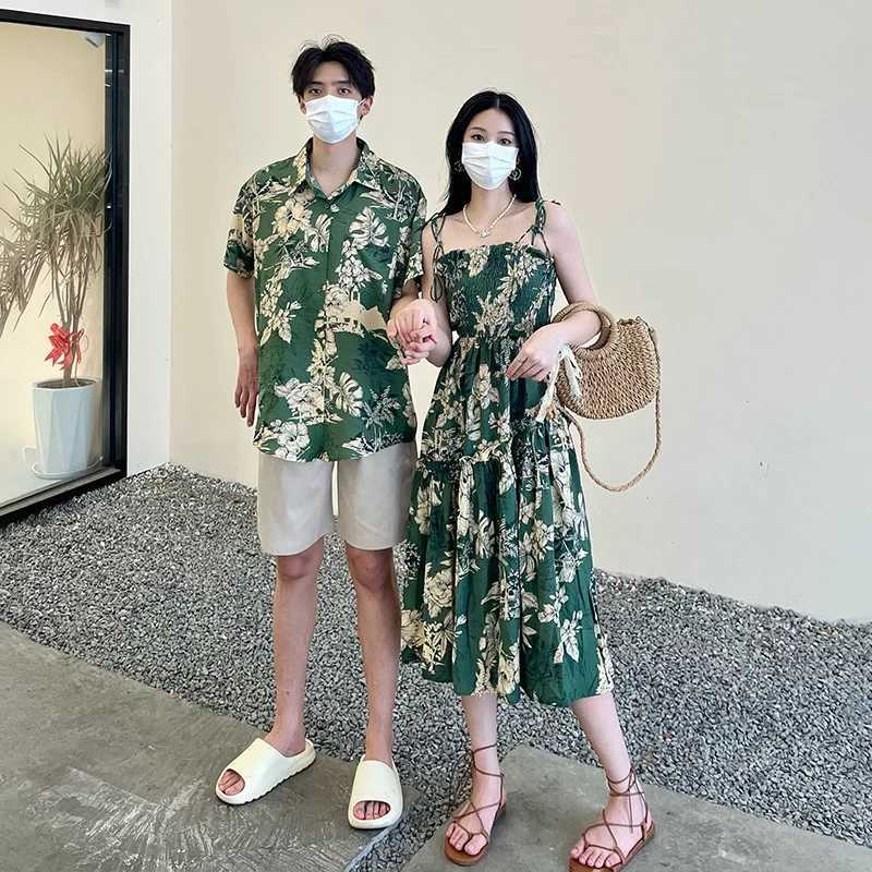 Holiday Family Matching Beach Clothes Couple Vacation Look Mom and Daughter Smock Green Dress Resort Dad and Son Print Shirts W250207