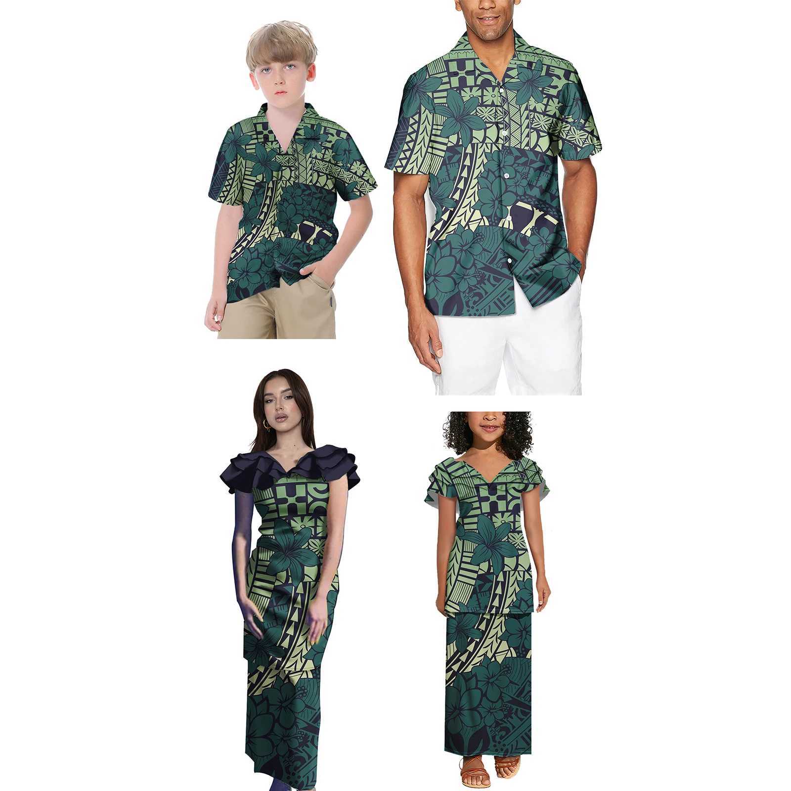New Family Summer Clothing for Girls Polynesian Matching Set 4pcs Dresses and Tribal Girls Childrens Clothing Set W250207