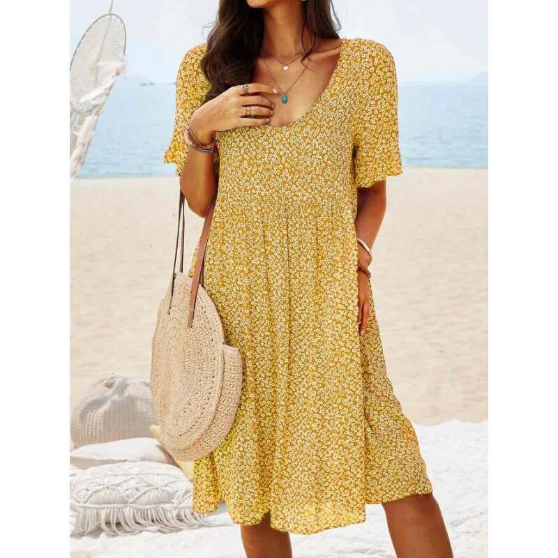 European American pullover print medium long, urban casual retro women's short sleeved dress 2024 new style chic and elegant clothing
