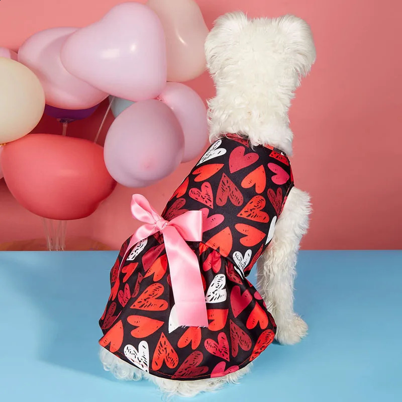 Pet Dog Cat Valentines Day Princess Dress Cute Heart Print Tie-up Bow Costume Party Styling Accessories for Dog Cat Clothes 250206