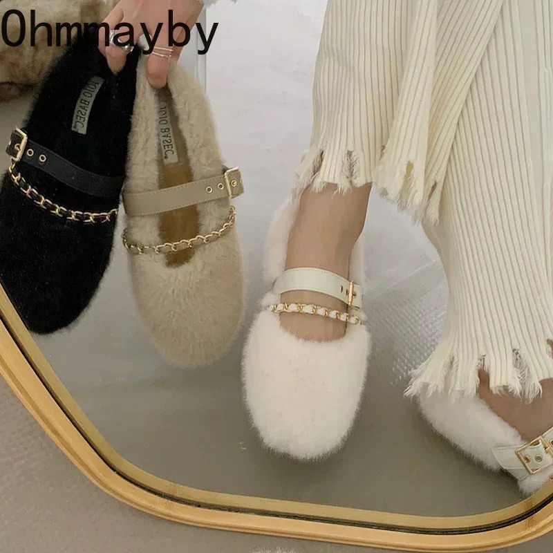 er Spring Autumn Women Warm Fur Shoes Fashion Shallow Slip On Ladies Flats Shoes Round Toe Womens Mary Jane Shoes 250206