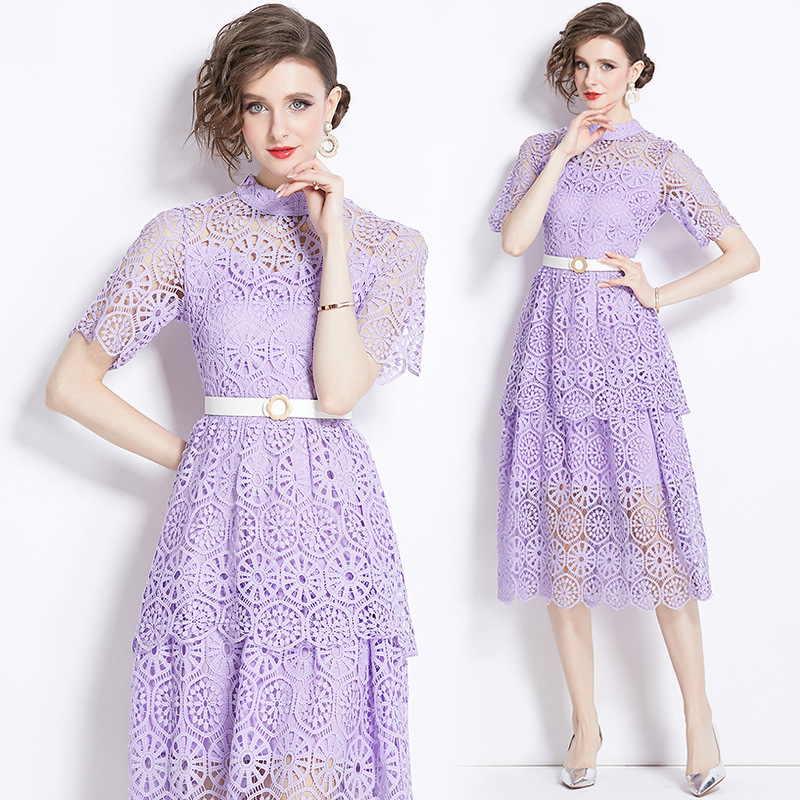 L3135 New embroidered water-soluble lace dress Stand-up collar hollow purple skirt summer female high-end feeling