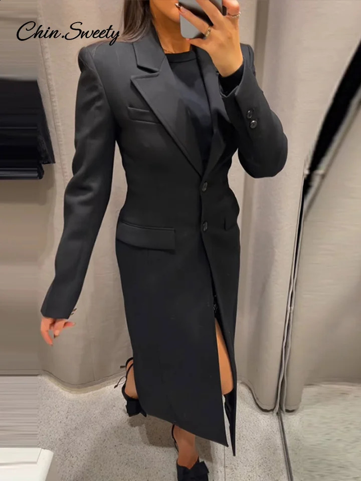 Vintage Lapel Black Long Overcoat Women Slim High Waist Full Sleeve Single Breasted Shoulder Pad Coat Spring Commute Outwear 250109Z