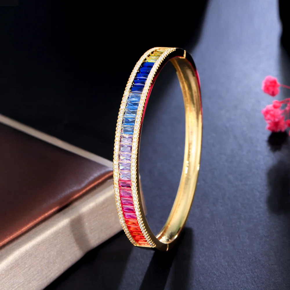CWWZircons Unique Baguette Rainbow Cubic Zirconia Round Open Cuff Bangle for Women Trendy Brazilian Gold Plated Jewelry BG048 250207