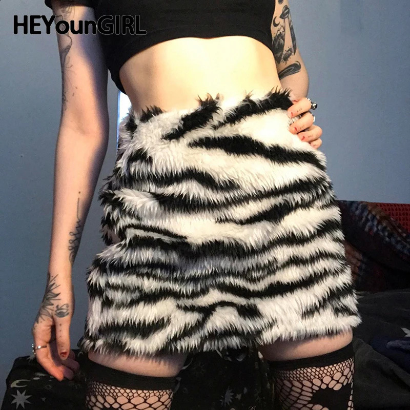 HEYoun Zebra Stripes Faux Fur Short Skirt Winter Stylish Women Y2K Bodycon Skirts Party Clubwear Vintage 2000s Costume Sexy 250206