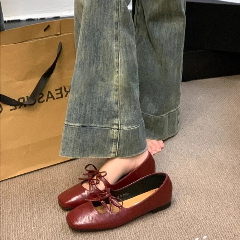Lovely Double Bowknot Women Mary Jane Shoes 2024 Spring Summer Square Toe Dress Flat Shoe Ladies Red Soft Sole Shoes Zapatos 250206