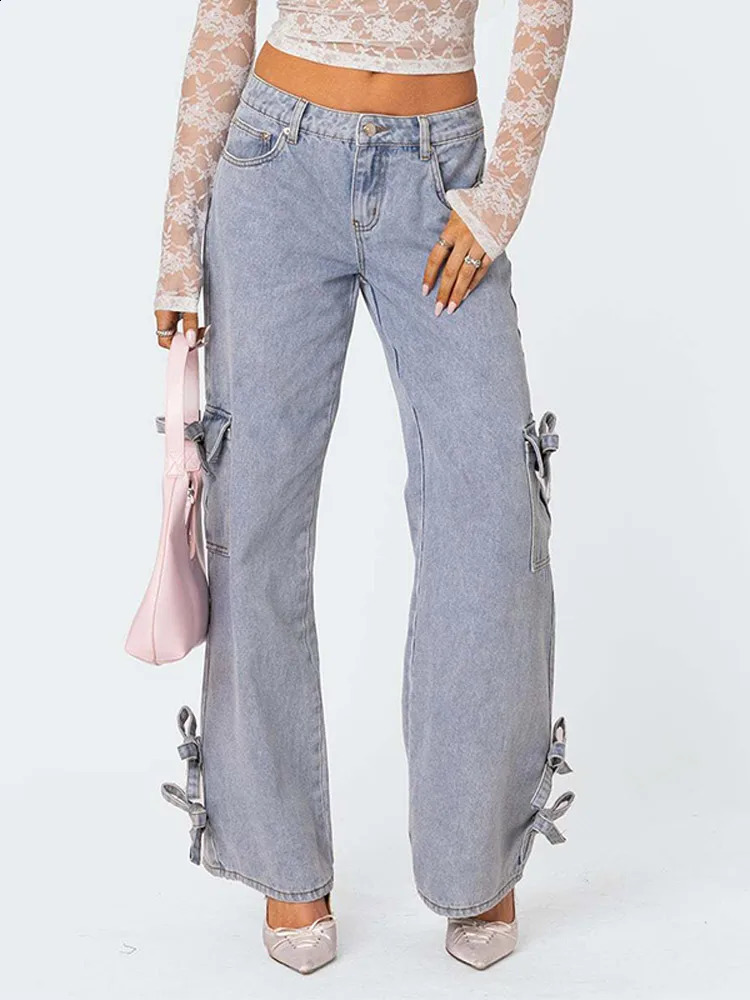 Chic Bow Light Blue Wide Leg Long Jean Pants Women Casual Versatile Jeans With Side Pockets Sweet Lady Denim Trousers 250206