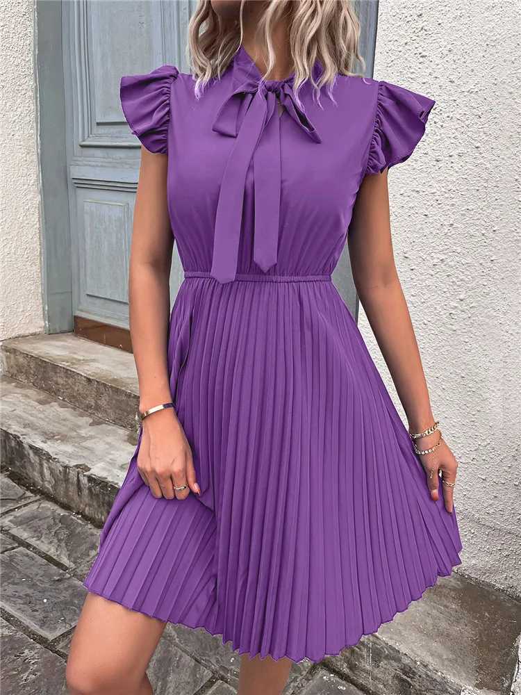 Msfilia Women Summer Ele Bow Collar Pleated Dress Lace Up High Waist Large Fold Ladies Solid Color DressesXJ2500207