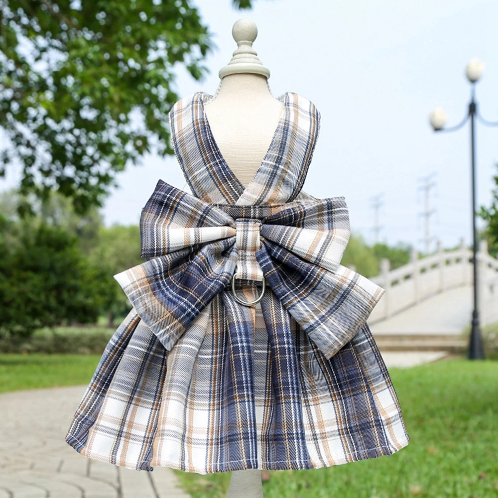 JK Dog Dress Harnesses with Leash Set Plaid Puppy Girl Skirt Doggy Dresses with Leash Ring Doggie Clothes for Small Medium Dogs 250206