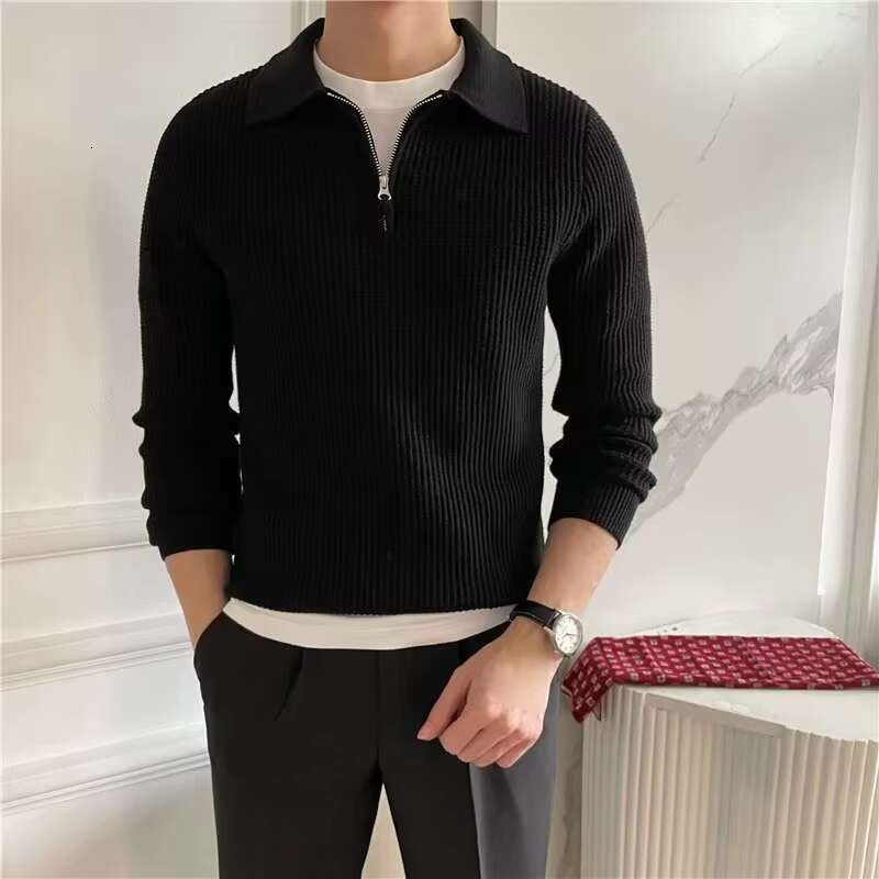 Men's Clothing Knit Pullover Zipper Polo Neck Sweater Leisure Streetwear Popular Retro Solid Color Long Sleeve Knitwear