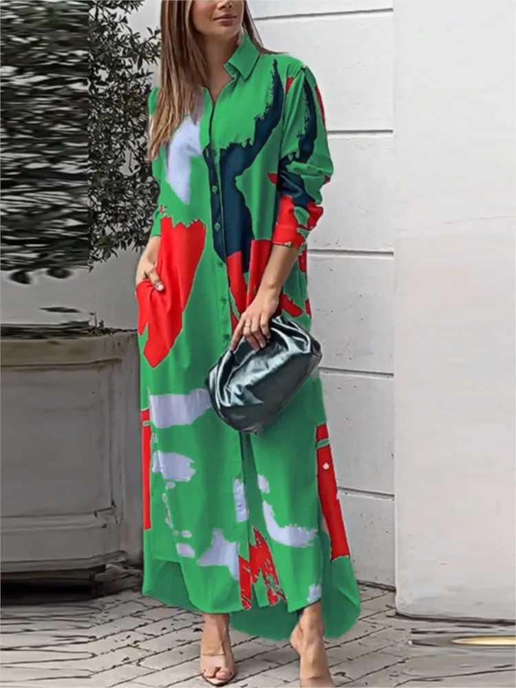 Womens Clothing 2024 Spring Fashion Print Sexy Slit Long Single Breasted Shirt Casual Comfortable With Pocket Irregular DressXJ2500207