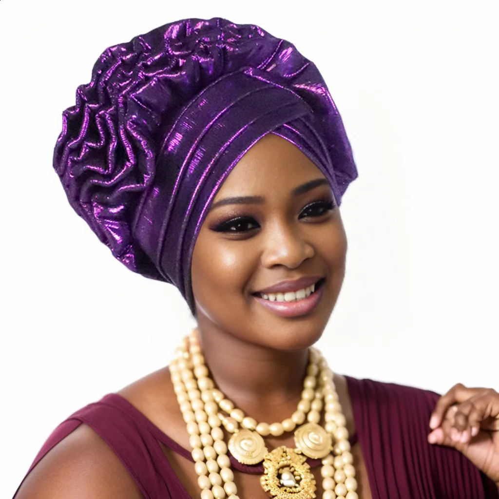 Fashion Women Elastic Ruffle African Turban Cap Lady Head Wraps Nigeria Wedding Auto Gele Headtie Party Headgear Headwear Hat 250207