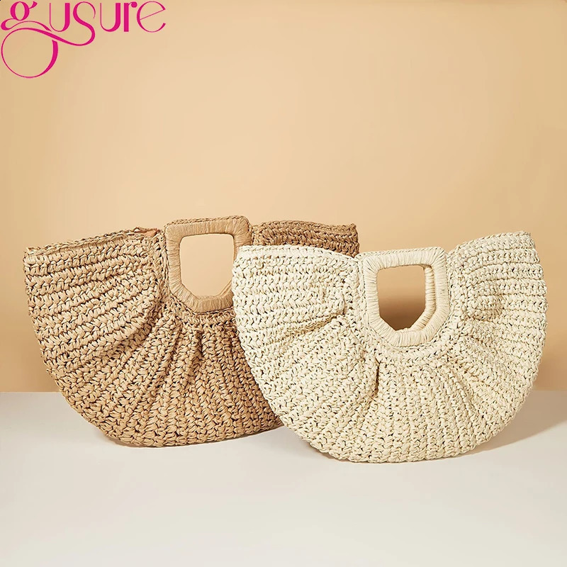 Gusure Bohemia Rattan Large Capacity Shopper Tote Bags Women Moon Wicker Woven Handbag Summer Beach Straw Shoulder Bag 250207