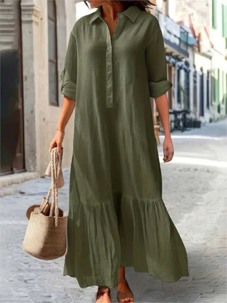 Cotton Linen Long Dress Women Long Sve Button Solid Color Casual Ruffles Loose Dresses Spring Autumn Comfortable Shirt DressXJ2500207