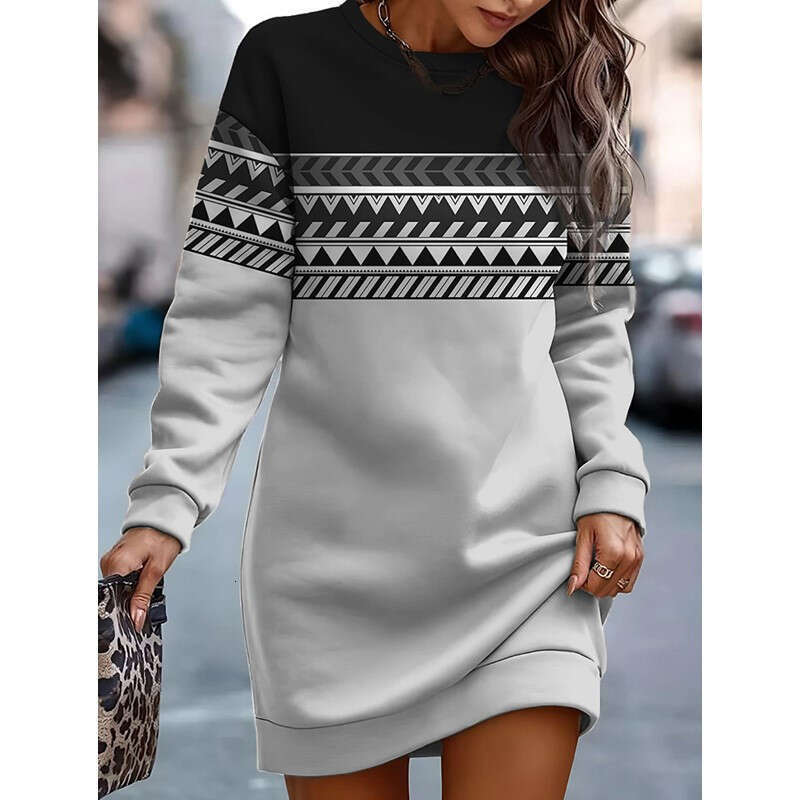 Autumn winter European and American women's hot selg printed contrasting round neck hoodie dress 2024 temperament versatile new trendy clothing i