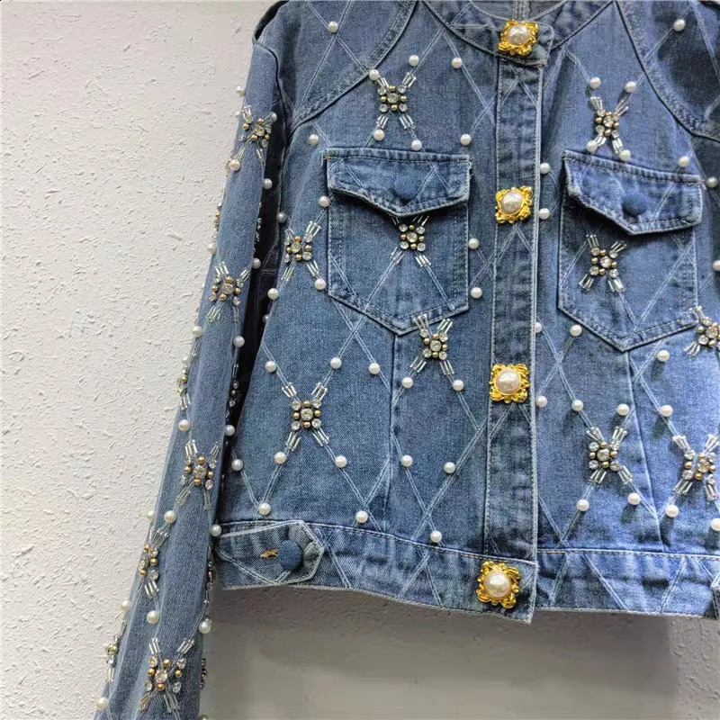 WTHT Trendy Womens Plaid Pearl Diamonds Short Denim Jacket 2025 Spring Fashion O-neck Long Sleeves Coat Female 1LS695 250121